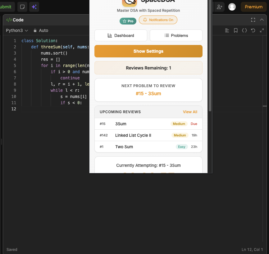 SpaceDSA rating widget on a solved LeetCode problem